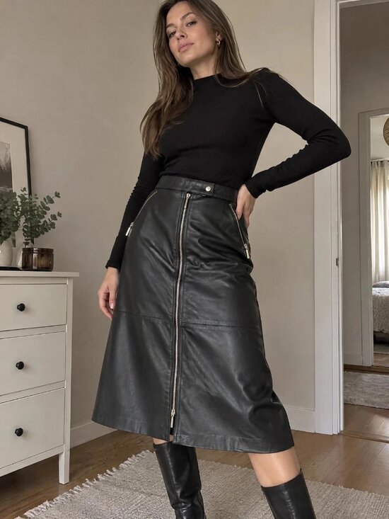 Gianfranco Ferre Dresses & Skirts - Gianfranco Ferre Forma Black Genuine Leather Midi Skirt with Zippers US 16 XL